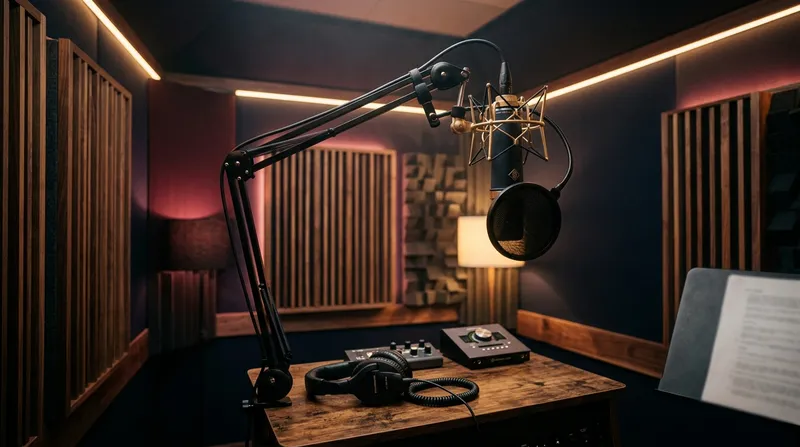 Voice booth with a condenser microphone on a boom arm